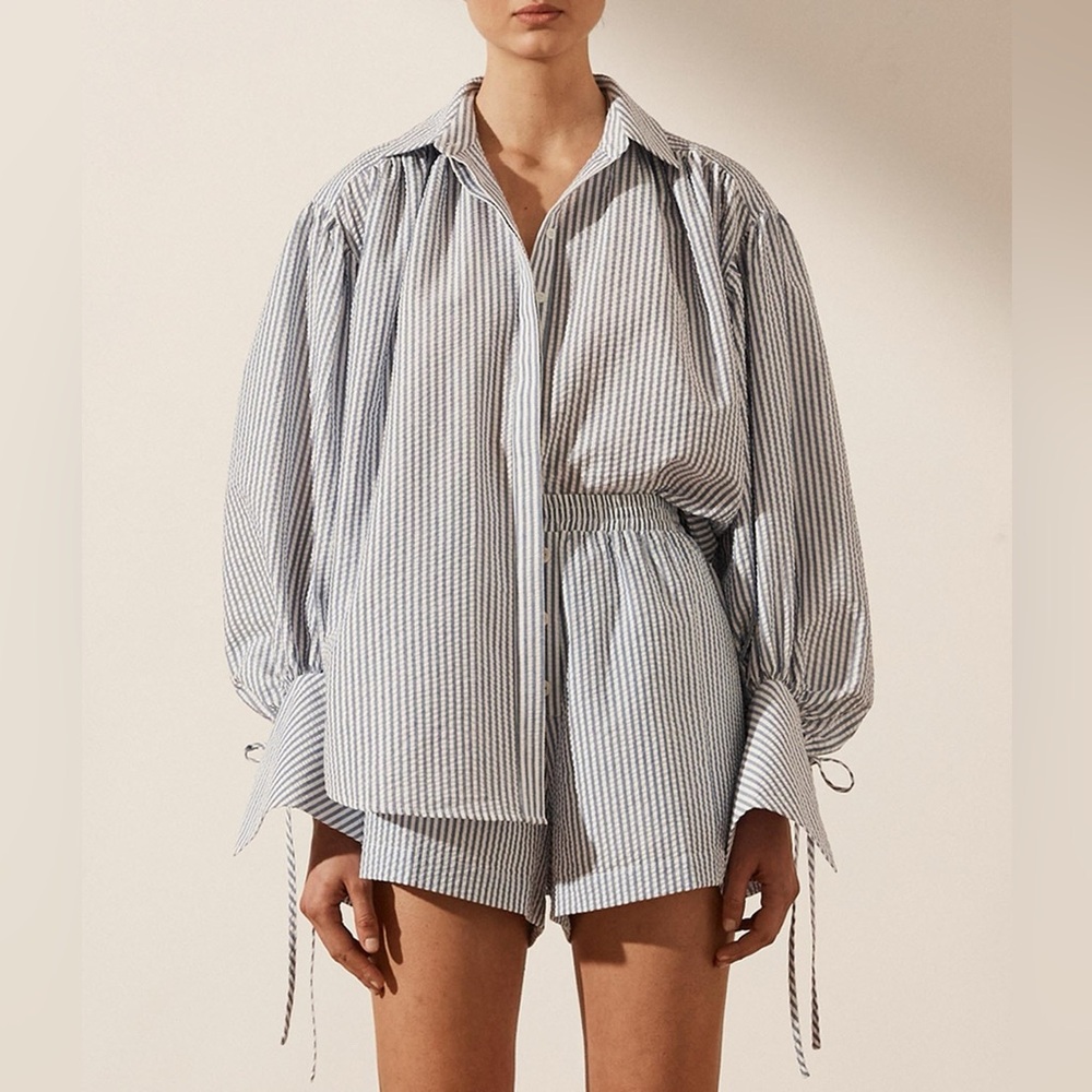 Shona Joy Roberta oversized tie cuff balloon sleeve top in blue and white stripe - Picture 6 of 10